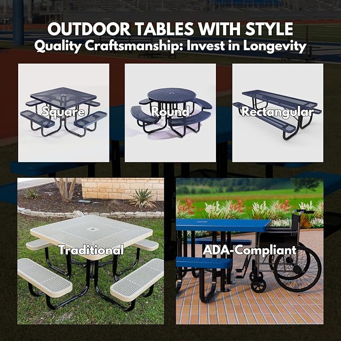 Coated Outdoor Furniture Heavy-Duty Portable Outdoor Picnic Table with Umbrella Hole, Expanded Metal Commercial-Grade Patio Dining Furniture Made in America (46" Round Top, Textured Red)
