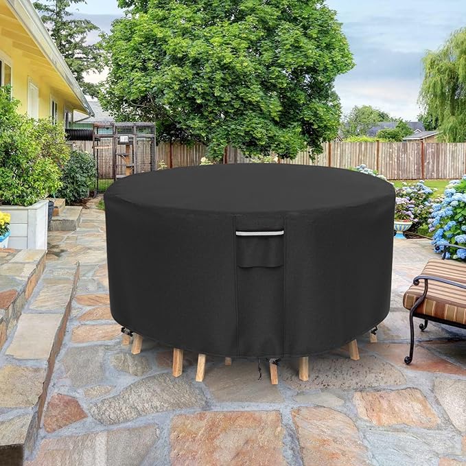 Round Patio Furniture Covers, 500D Heavy Duty Waterproof UV Resistant Cover for Round Outdoor Dining Table & Chairs,96" Dia x 28" H -Black