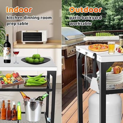 Pizza Oven Table for Ooni, Ninja, Woodfire, Blackstone, Bighorn, Cuisinart, Outdoor Grill Table for Ooni Pizza Oven Accessories, Movable Pizza Oven Stand as Food Prep Cart, Barbecue Tool Set