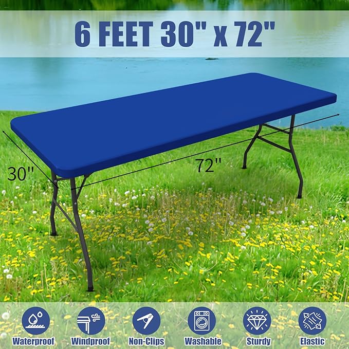 Spandex 6 Foot Rectangle Table Cloth 6 Pack, Elastic Fitted Tablecloths for Picnic, Stretch Washable Patio Table Cover for Outdoor, Camping, Banquet and Parties (Blue, 30"x72")