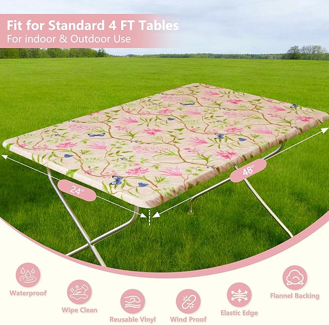Rectangle Picnic Table Cloth, Elastic Waterproof Fitted Vinyl Tablecloths for 4 Foot Tables, Wipeable Flannel Backed Table Covers for Dining, Camping, Outdoor(Pink Flower,24"x48")