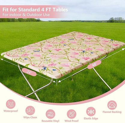 Rectangle Picnic Table Cloth, Elastic Waterproof Fitted Vinyl Tablecloths for 4 Foot Tables, Wipeable Flannel Backed Table Covers for Dining, Camping, Outdoor(Pink Flower,24"x48")