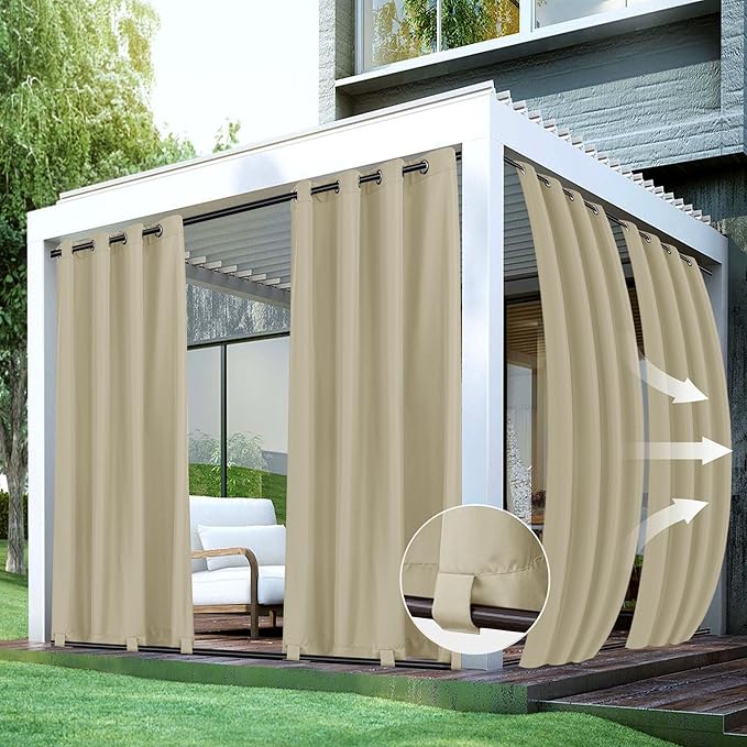 HolidayIdeas Outdoor Curtains for Patio Waterproof 4 Panels-Windproof Weatherproof Privacy Curtains-Grommet Top and Tab Bottom Drape for Gazebo, Porch, Pergola, Cabana, Backyard 54x120 Inch Cream