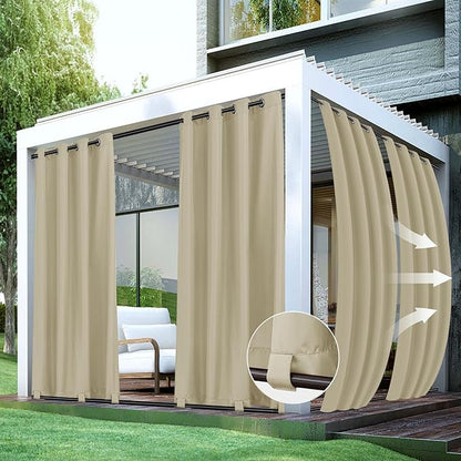 HolidayIdeas 4 Panels Outdoor Curtains for Patio Waterproof 54x108 Inch-Windproof Weatherproof Privacy Curtains-Grommet Top and Tab Bottom Drape for Gazebo, Porch, Pergola, Cabana, Backyard Cream