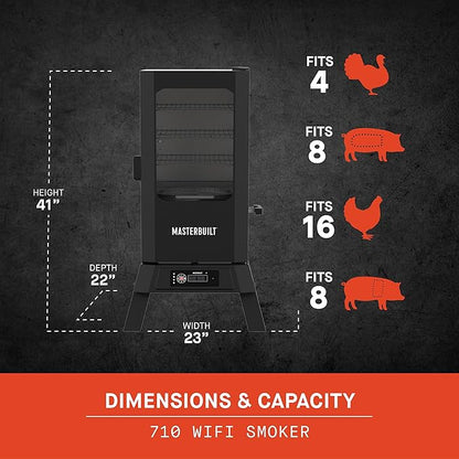 Masterbuilt®710 WiFi Digital Smoker, Vertical Design, 711 Cooking Sq. Inches, 4 Chrome Coated Smoking Racks, Wood Chip Loader, Electric Fuel Source to Plug in and Start Cooking, Black Model MB20070924