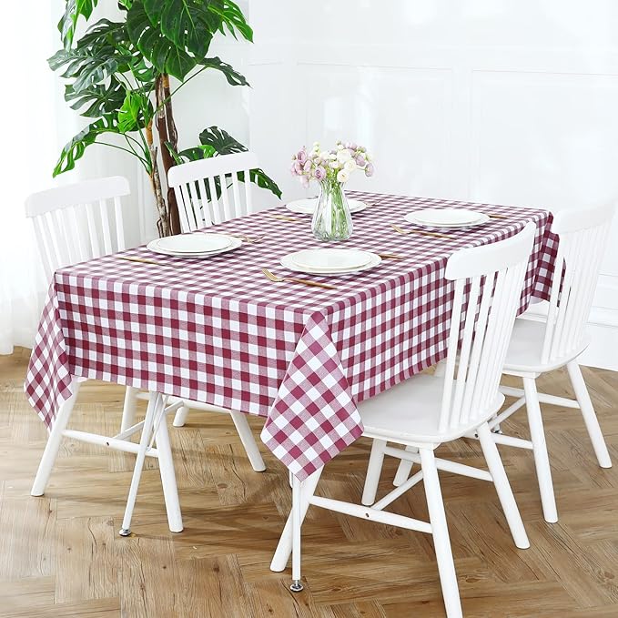 Romanstile Rectangle Vinyl Tablecloth, 100% Waterproof Buffalo Gingham Plastic Table Cloth, Heavy Duty Wipeable Checkered Table Covers for Outdoor, Camping, Picnic, Patio - 60 x 120, Burgundy