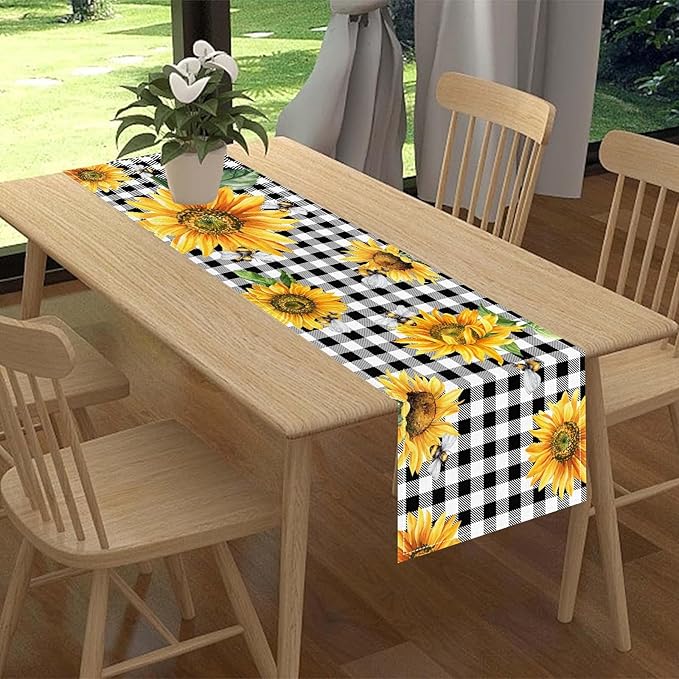 Sunflower Table Runner, Baffalo Plaid Summer Fall Yellow Florals Rustic Farmhouse Country Bumble Bee Coffee Table Center Decor for Home Kitchen Dining Patio Indoor Outdoor Decorations, 13"x108" Inch