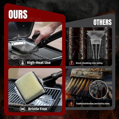 SHINESTAR Bristle-Free Griddle Cleaning Kit – BBQ Steam Grill Brush with 2 Replacement Heads & Scraper for Cast Iron & Stainless Steel Grates,Excellent Grill Tools, Black