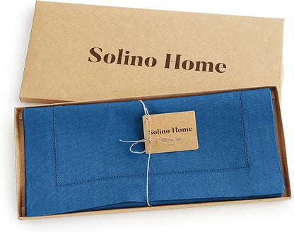 Solino Home Linen Table Runner 108 Inches Long - 100% Pure Linen Indigo Blue Table Runner 14 x 108 Inch for Winter, Spring, Easter - Classic Hemstitch