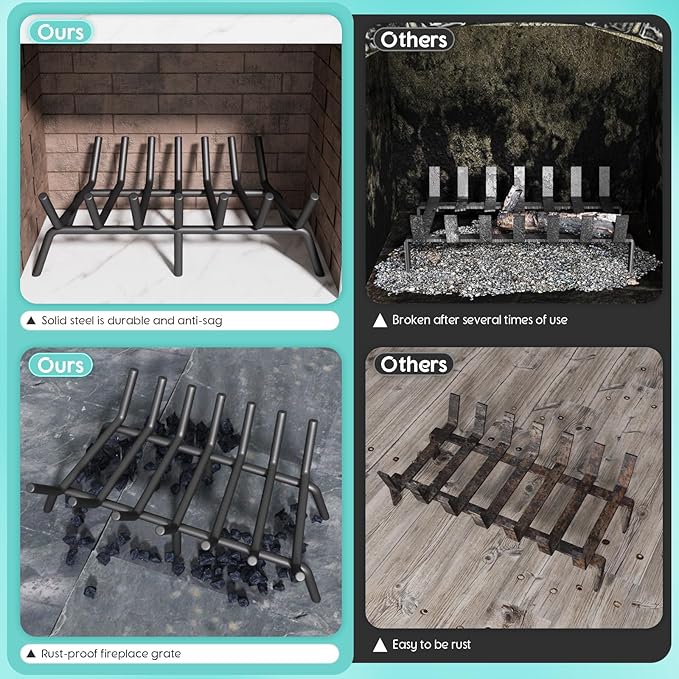 24-Inch Fireplace Grate, Heavy Duty 7-Bar Log Rack Holder Made of Solid Round Steel for Indoor/Outdoor Fire Pits, Wood Stoves & Kindling Tools