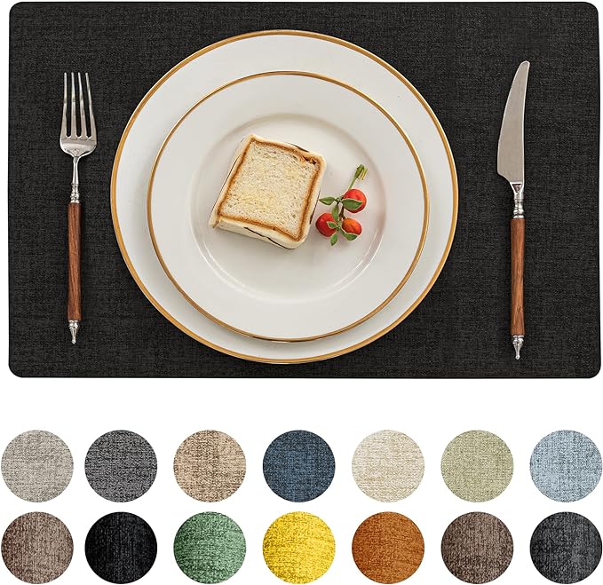 Romanstile Vinyl Placemats Set of 4-12 X 17 Inch - Heat Resistant Place Mats 100% Waterproof Oilproof Wipeable Reversible Faux Leather Table Mats for Kitchen, Dining, Party, Outdoor, Black