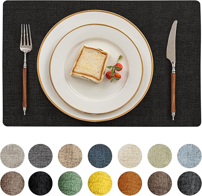 Romanstile Vinyl Placemats Set of 12-12 X 17 Inch - Heat Resistant Place Mats 100% Waterproof Oilproof Wipeable Reversible Faux Leather Table Mats for Kitchen, Dining, Party, Outdoor, Black