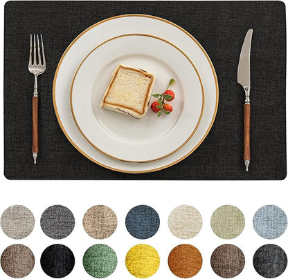 Romanstile Vinyl Placemats Set of 12-12 X 17 Inch - Heat Resistant Place Mats 100% Waterproof Oilproof Wipeable Reversible Faux Leather Table Mats for Kitchen, Dining, Party, Outdoor, Black