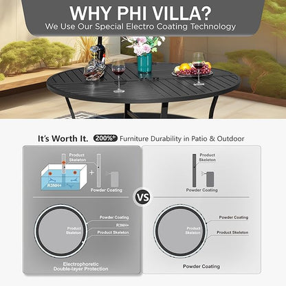 PHI VILLA Outdoor Round Dining Table for 6, 54" Large Metal Wrought Iron Table with Umbrella Hole, All Weather Furniture for Patio, Deck, Yard, Porch - Black
