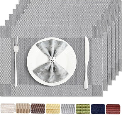 Placemats Set of 6 Washable&Wipeable Silver Place mats for Dining Table Kitchen Indoor Outdoor Table Mats Heat Resistant Non Slip Woven Vinyl Table Placemats (Grey，6PCS)