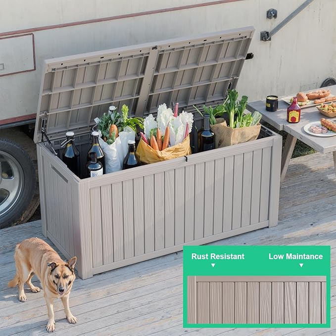 200 Gallon Large Deck Box,Resin Outdoor Storage Box with Lockable for Patio Furniture, Garden Tools Waterproof Outside Storage Box, Grey