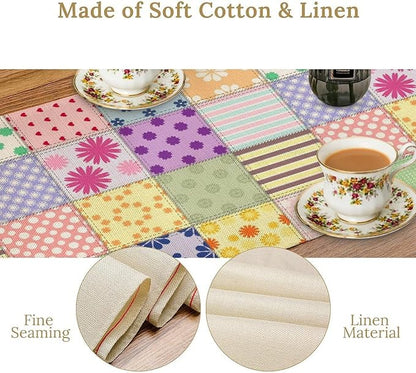 Patchwork Table Runner, Vintage Colorful Floral Plaid Tablecloth Table Runner for Indoors Outdoor Dining Kitchen Home Party 13x36in