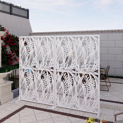 Metal Privacy Screen Room Divider 72" H x 45.3" W, Free Standing Decorative Panel with Bird Design for Indoor Outdoor Use, Black Iron Partition for Patio Balcony Garden (Leaf White)