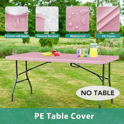LUSHVIDA 6 Packs Vinyl Tablecloths with Flannel Backing for 6ft Rectangle Folding Table Cloths - Waterproof Plastic Picnic Table Covers with Elastic Corners, 30x72 inch, Pink