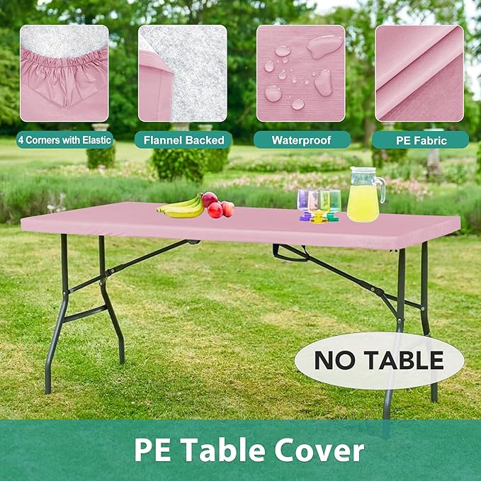 LUSHVIDA 6 Packs Vinyl Tablecloths with Flannel Backing for 8ft Rectangle Folding Table Cloths - Waterproof Plastic Picnic Table Covers with Elastic Corners, 30x96 inch, Pink