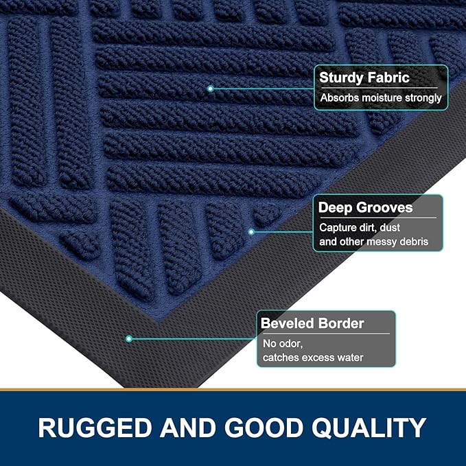 Smiry Front Door Mat Outside Entrance, Heavy Duty Outdoor Indoor Natural Rubber Doormat, Non Slip, Trap Dirt and Moisture, Easy Clean, Low Profile Patio Porch Entryway Mat, 59x23, Navy Blue