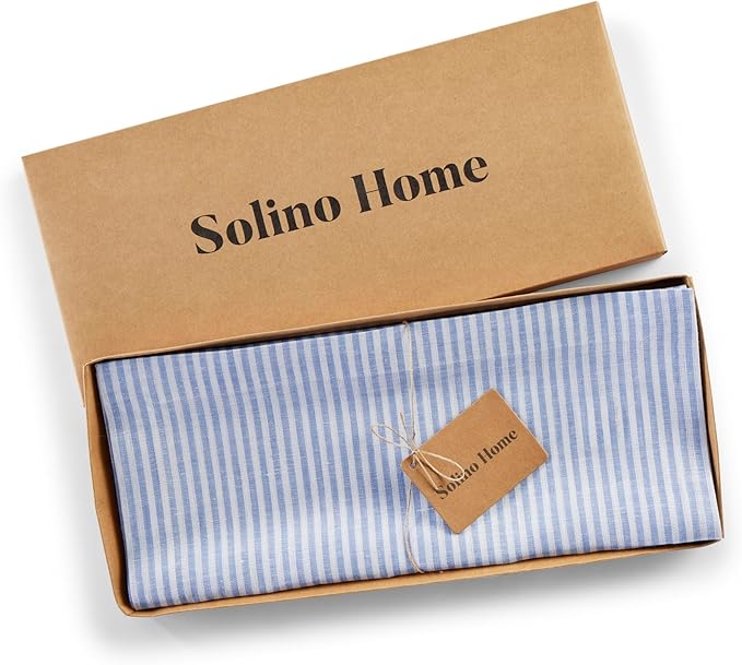 Solino Home Linen Striped Table Runner 108 Inches Long - Narrow Stripe 100% Pure Linen Cornflower Blue and White Dining Table Runner 14 x 108 Inch for Winter, Spring, Easter