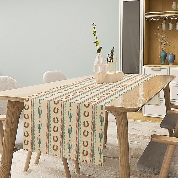 Western Table Runner,Vintage Farmhouse Country Cowboy Horseshoe Cactus Print Table Runner for Kitchen Dining Table Holiday Home Party Decor 13x108in