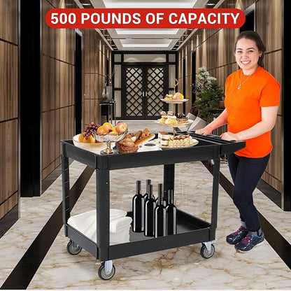 Service Cart 2-Shelf, Storage Handle, 500 lbs Capacity, for Warehouse/Garage/Cleaning/Manufacturing，45"X25" Black
