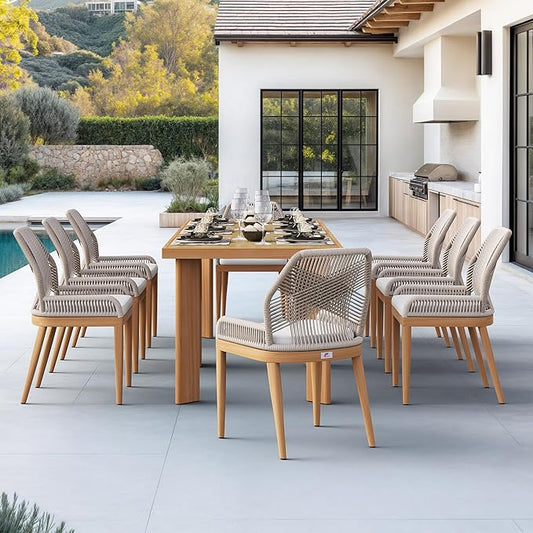 PURPLE LEAF 9 Pieces Patio Dining Set Aluminum Modern Rectangular Table and Wicker Chairs with Cushions for Kitchen Porch Garden Outdoor Furniture Sets, Teak