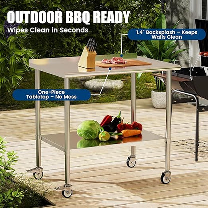 Stainless Steel Work Table with Wheels, 30x48 Inch NSF Food Prep Table with Backsplash & Adjustable Undershelf for Kitchen, Restaurant, Garage