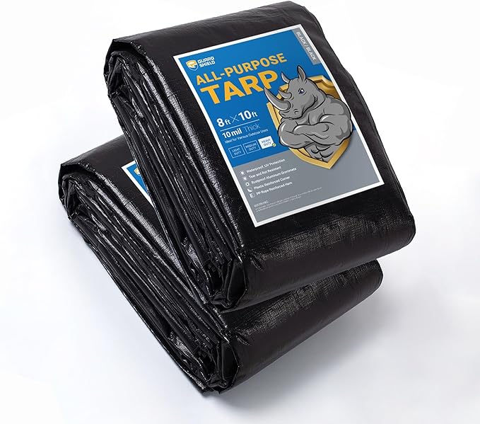 GUARD SHIELD Tarps Heavy Duty Waterproof 8x10 Feet Black Poly Tarp Cover Outdoor Thick UV Resistant Tarpaulin with Grommets 10mil (2-Pack)