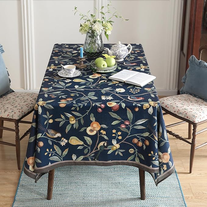 Linen Table Cloth Rectangle,Wrinkle Resistant French Blue Tablecloth Print with Froal,Decor Stitch Table Cloth for Thanksgiving,Dining Room,Home,Kitchen 63" × 94"-DeweyA Blue