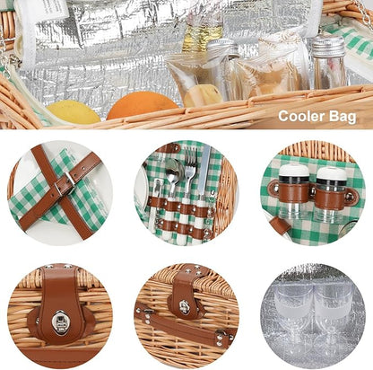 ZORMY Wicker Picnic Basket for 2 Person, Willow Hamper Basket Sets with Insulated Compartment, Handmade 2 Person Picnic Basket for Camping - GreenCheck