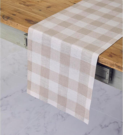 Solino Home Linen Checkered Table Runner 108 Inches Long - 100% Pure Linen Natural and White Buffalo Check Table Runner 14 x 108 Inch Ideal for Dining, Spring, Easter, Winter