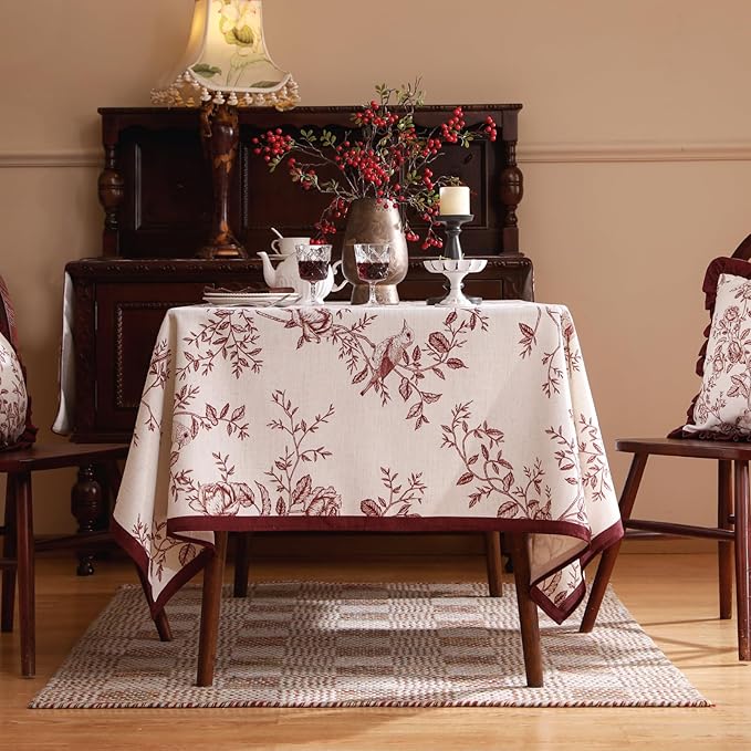 ISAENNE Designer Vintage Linen Extra Long Rectangle Tablecloth,Red Floral Pattern Linen Stain Resistant Table Cloth,Decor Tablecloths for Dining Thanksgiving Kitchen Party,67"*118"-Harmony