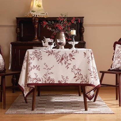 ISAENNE Designer Vintage Linen Extra Long Rectangle Tablecloth,Red Floral Pattern Linen Stain Resistant Table Cloth,Decor Tablecloths for Dining Thanksgiving Kitchen Party,63"*110"-Harmony