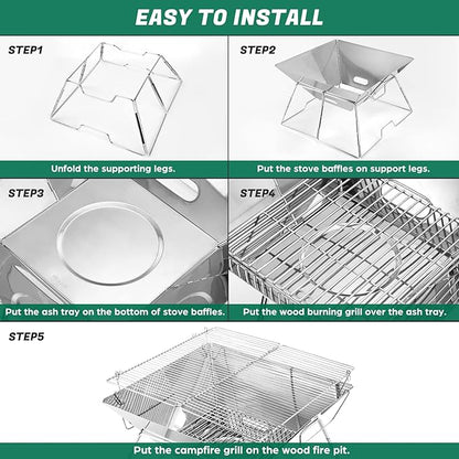 Odoland Folding Campfire Grill, 304 Stainless Steel Grate Barbeque Grill, Portable Camping Grill with Legs for Picnics, Backpacking, Outdoor with Carrying Bag and Kitchen Tongs