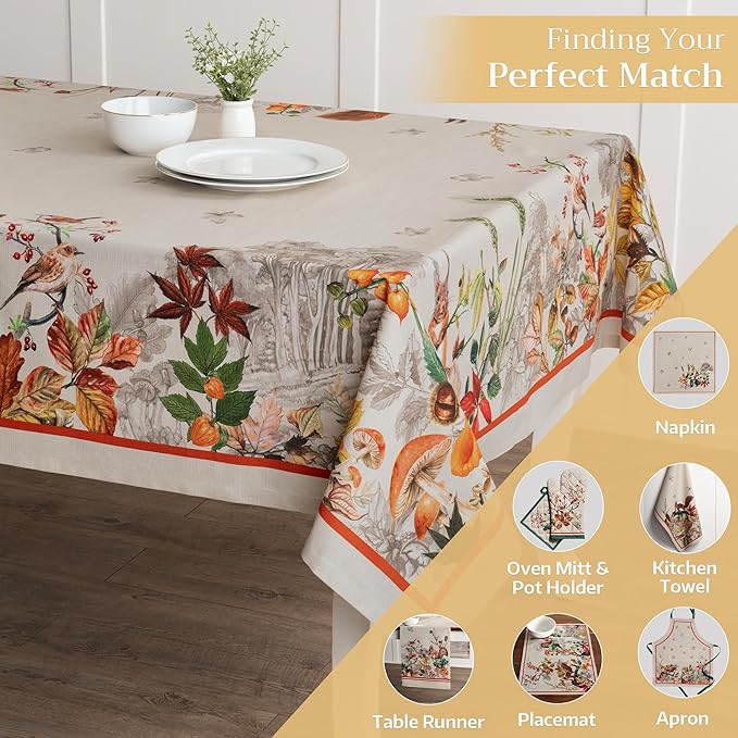 Maison d' Hermine Table Cloth Rectangle Table 100% Cotton 60 x 120 Inches Fall Tablecloth Reusable Everyday Use for Thanksgiving Christmas Decorations Dining Farmhouse Party (Recolte)