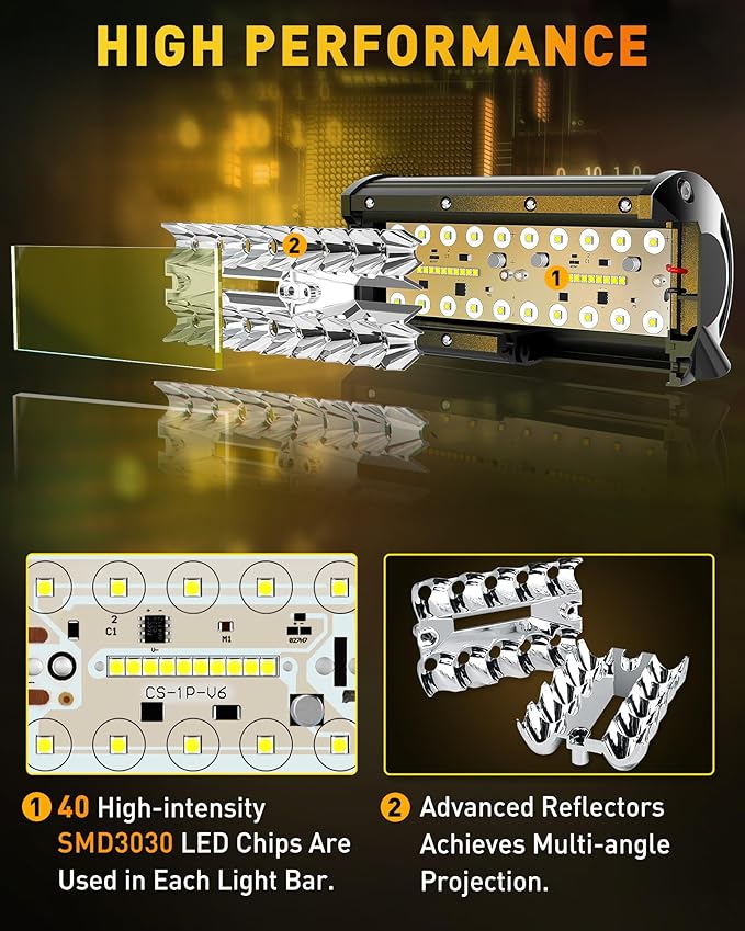 NAOEVO 7 Inch Yellow LED Light Bar, 240W 24,000LM Offroad Fog/Driving Lights LED Pods with 2 Leads Wiring Harness Kit, Spot & Flood Work for Truck Boat UTV ATV, 2-Pack (Yellow)