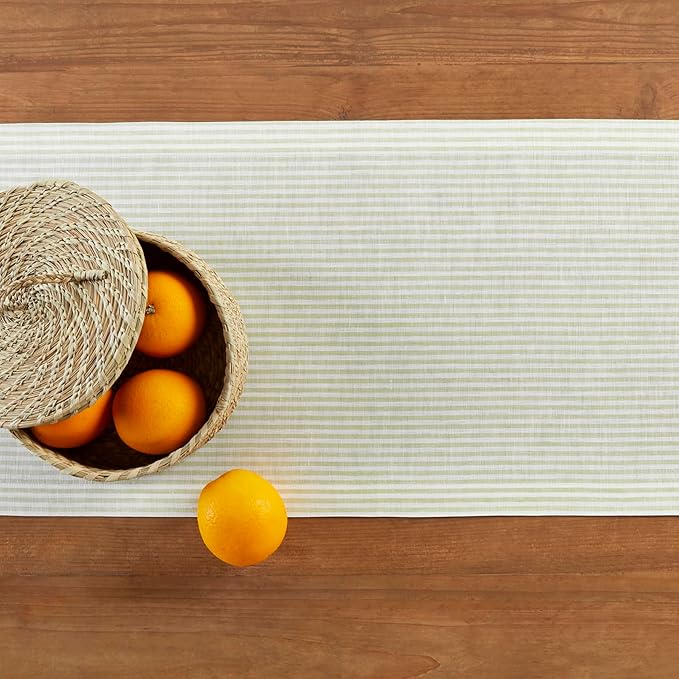 Solino Home Linen Striped Table Runner 144 Inches Long - Narrow Stripe 100% Pure Linen Sage and White Dining Table Runner 14 x 144 Inch for Spring, St Patricks Day, Easter