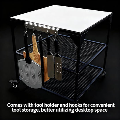 JIN BETTER GRILL PARTS Heavy-Duty Steel Frame Outdoor Kitchen Cart | Stainless Steel Tabletop & 4 Locking Wheels | 31.5" Versatile BBQ Workstation for Ninja, Blackstone, Pizza Ovens