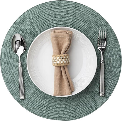 Round Placemats Set of 8 Plastic Woven Placemats Washable Wipeable Table Mats for Dining Table Heat Resistant Non-Slip Circle Place Mats (Dusk Green)