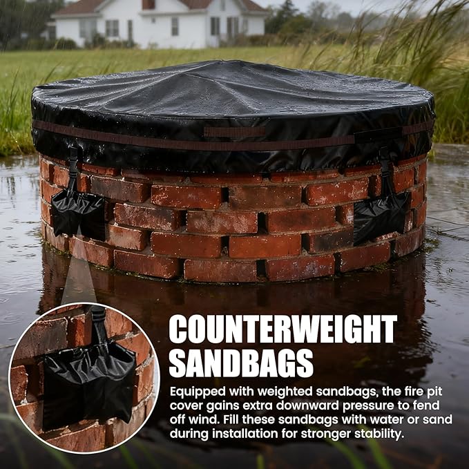 Outdoor Round Fire Pit Cover 51x9.5" Waterproof Tear-Resistant 600D Oxford PU Coated for 48–50" Built-In or In-Ground Stone Fire Pits, Heavy Duty All-Season Protection for Outdoor Fireplaces