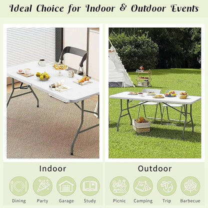 Fivenl 2 Pack 6 FT Folding Tables White Foldable Table, Fold-in-Half with Carrying Handle Portable Plastic Rectangular Table for Party, Dining, Wedding, Camping, Picnic, Indoor Outdoor Events