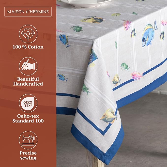 Maison d' Hermine Table Cloth Rectangle Table 100% Cotton 54 x 72 Inches Tablecloth Reusable Decorative Everyday Use for Dining Room, Farmhouse, Home, Party, Festive & Wedding Spring Summer - Poisson
