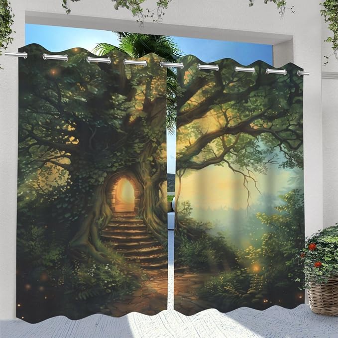 Fantasy Theme Waterproof Outdoor Curtains for Patio,Forest Pattern,Weatherproof Outside Curtain for Cabana, Porch, Pergola and Gazebo,2 Panels,36 x 84 inch,Green