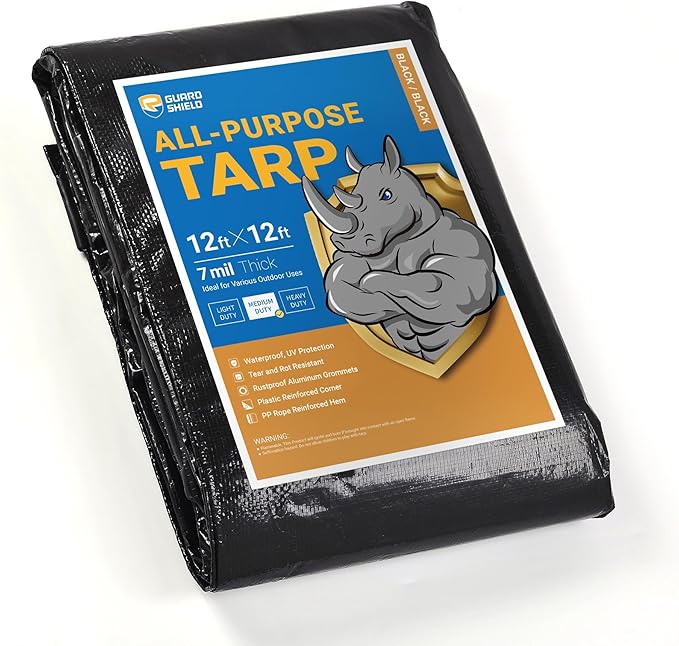 GUARD SHIELD Black Tarp Waterproof 12x12 Feet Medium Duty All Purpose Poly Tarps Cover 7mil