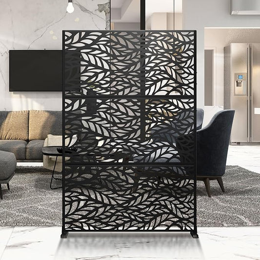 Metal Privacy Screen Outdoor 72" H×47" W,Freestanding Decorative Privacy Screen for Balcony Yard&Garden,Privacy Fence-Black&Leaves