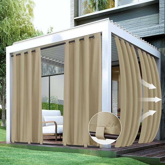HolidayIdeas Outdoor Curtains for Patio Waterproof-4 Panels 54x84 Inch-Windproof Weatherproof Privacy Taupe Curtains-Grommet Top and Tab Bottom Drape for Gazebo, Porch, Pergola, Cabana, Backyard