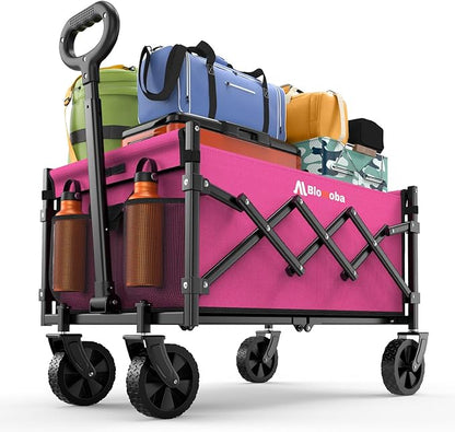 Collapsible Wagon with Wheels, 220 lbs Wagons Carts Foldable Wagon Cart with Flexible Handle, Lightweight Portable Folding Utility Grocery Shopping Cart for Grocery Sports Garden Camping, Pink